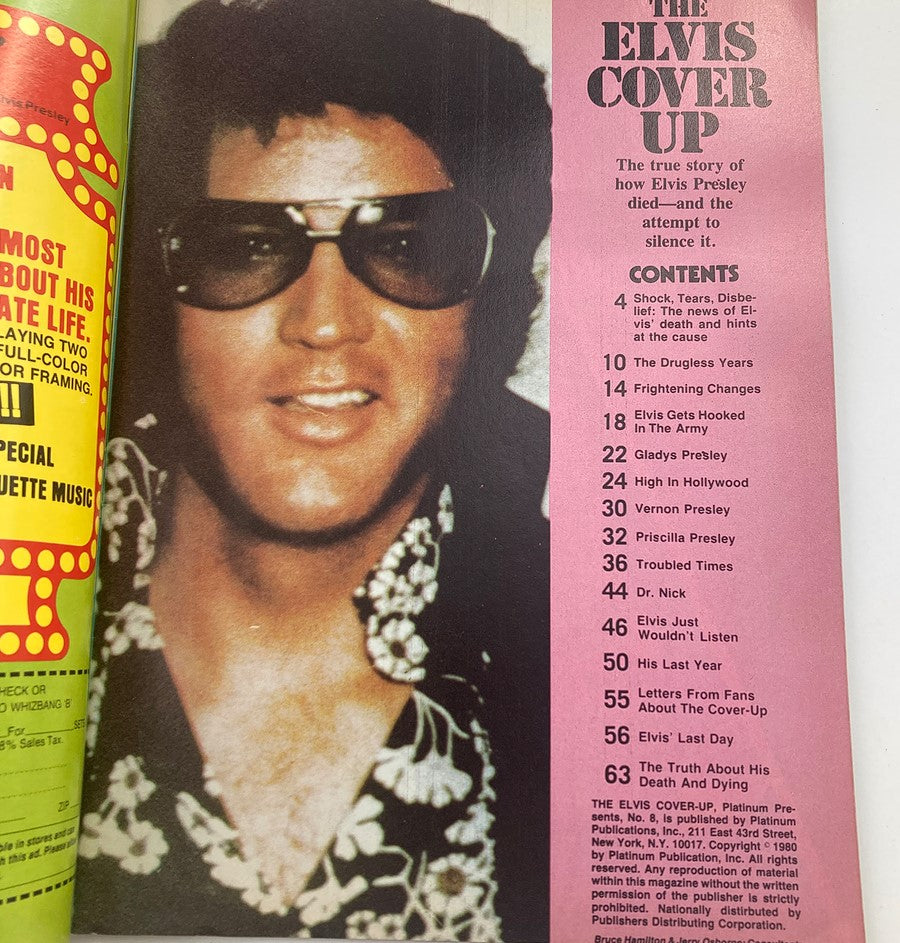 Cover page of VTG Platinum Presents No. 8 1980 featuring Elvis Presley, showcasing an article titled 'The Elvis Cover Up' with detailed contents.
