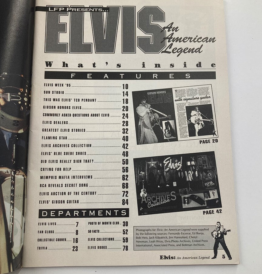 Table of contents for the 1995 LFP Presents Elvis Presley An American Legend magazine, detailing featured articles, interviews, and exclusive content about Elvis.
