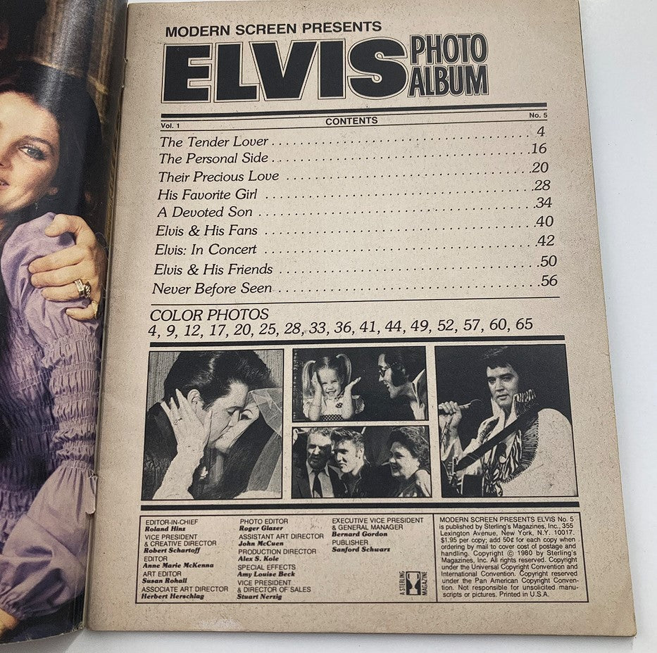 Inside page of VTG Modern Screen Magazine 1980 No. 5 displaying contents related to Elvis Presley, including sections on his personal life and fan interactions.