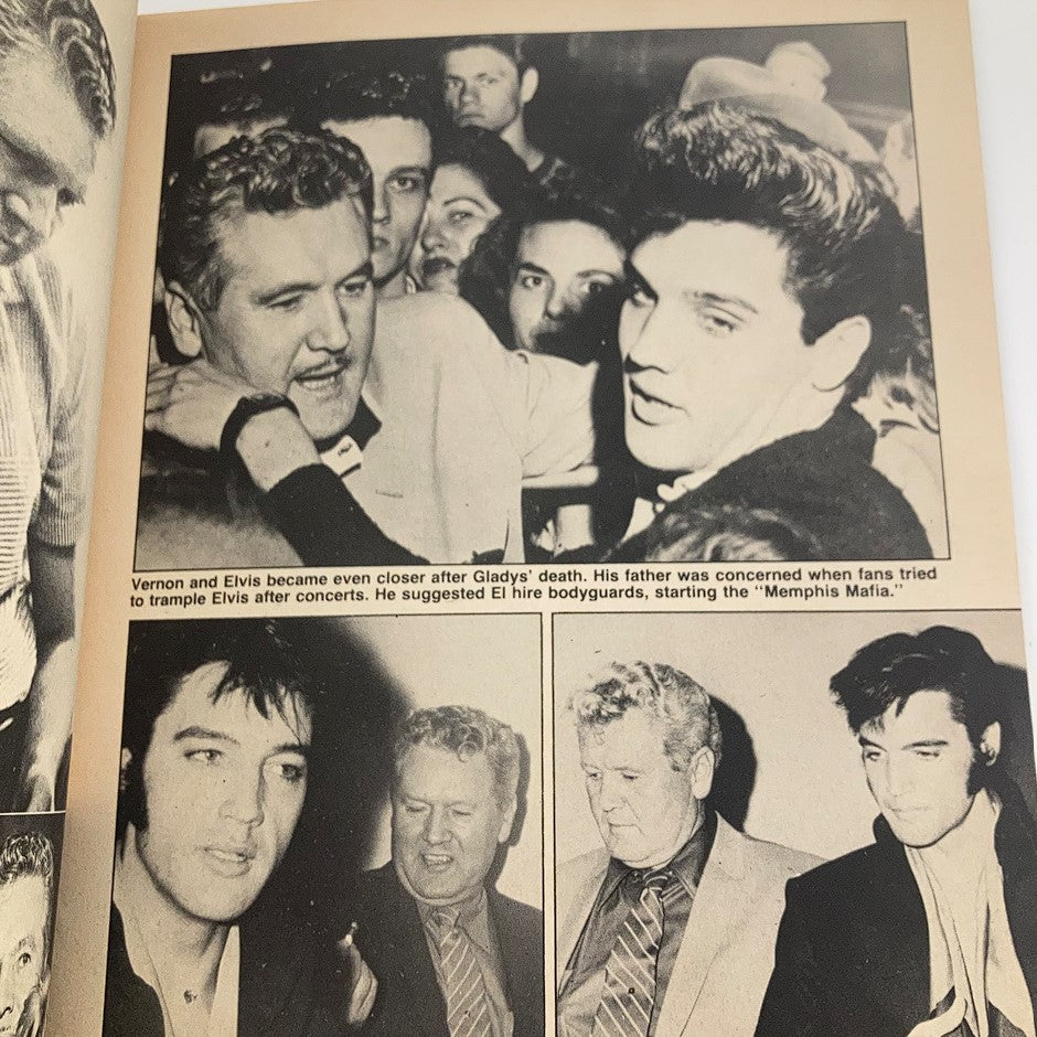 Page from VTG Modern Screen Magazine 1980 No. 5 featuring candid black-and-white photographs of Elvis Presley with family and fans, illustrating his connections and the 'Memphis Mafia'.