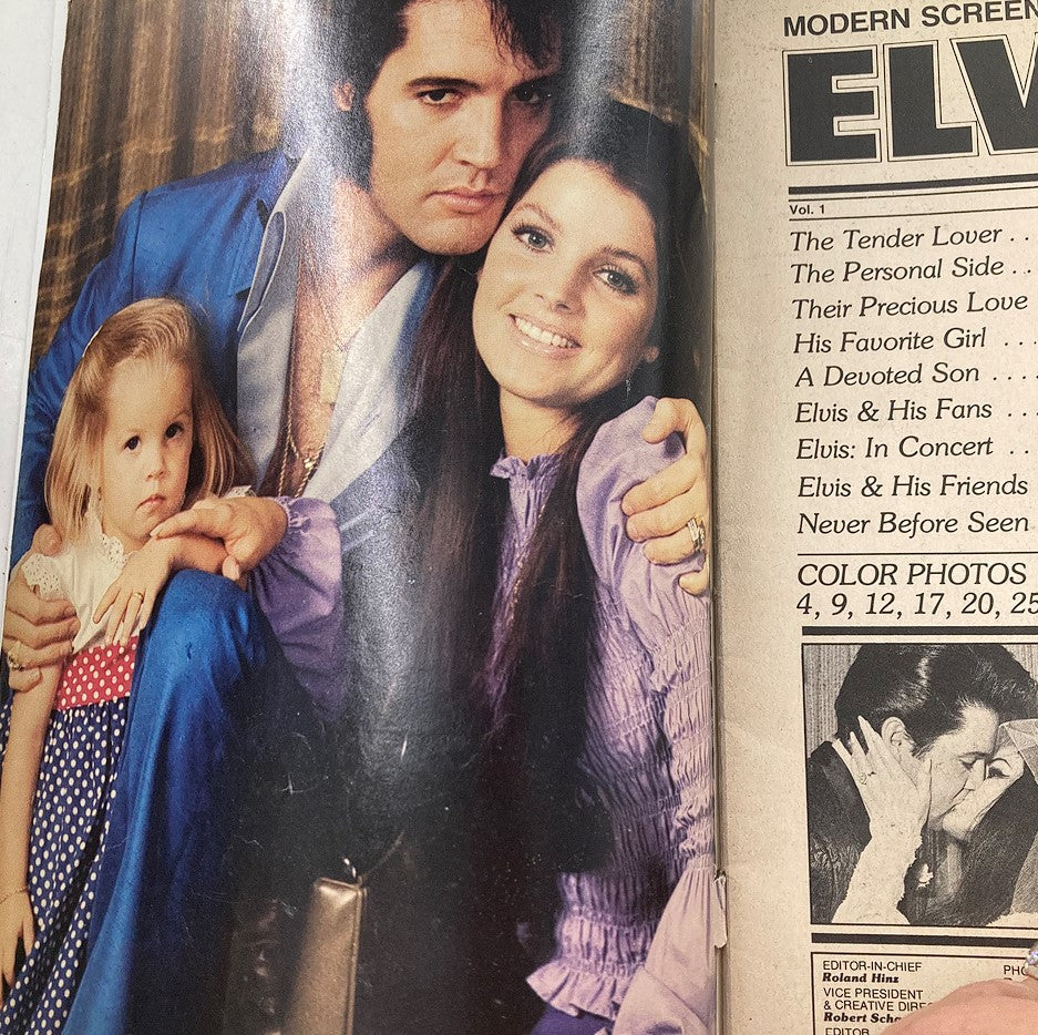 VTG Modern Screen Magazine 1980 No. 5 featuring Elvis Presley, showcasing a family portrait with Elvis and two others, highlighting the celebrity's iconic status and capturing the essence of 1980s pop culture.