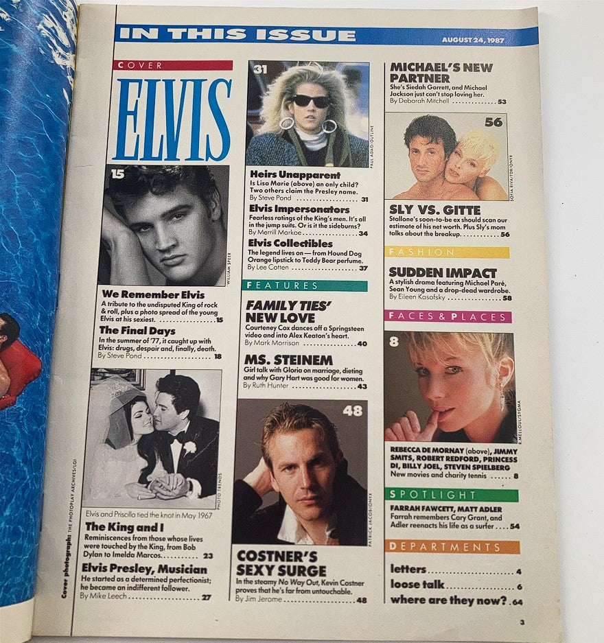 Interior page of US Magazine August 24, 1987, showcasing articles related to Elvis Presley, featuring a section titled 'COVER ELVIS'.
