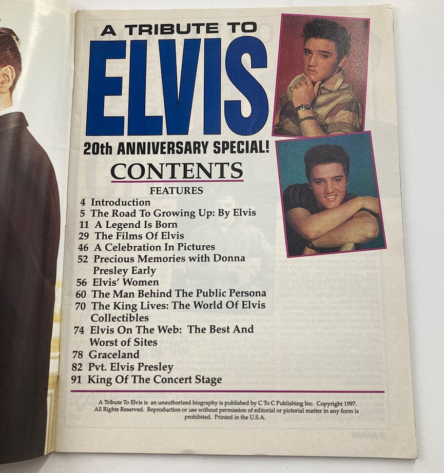 1997 A Tribute To Elvis Presley The Road To Going Up magazine interior page with table of contents, highlighting features such as 'The Road To Growing Up' and 'Elvis' Memories'.