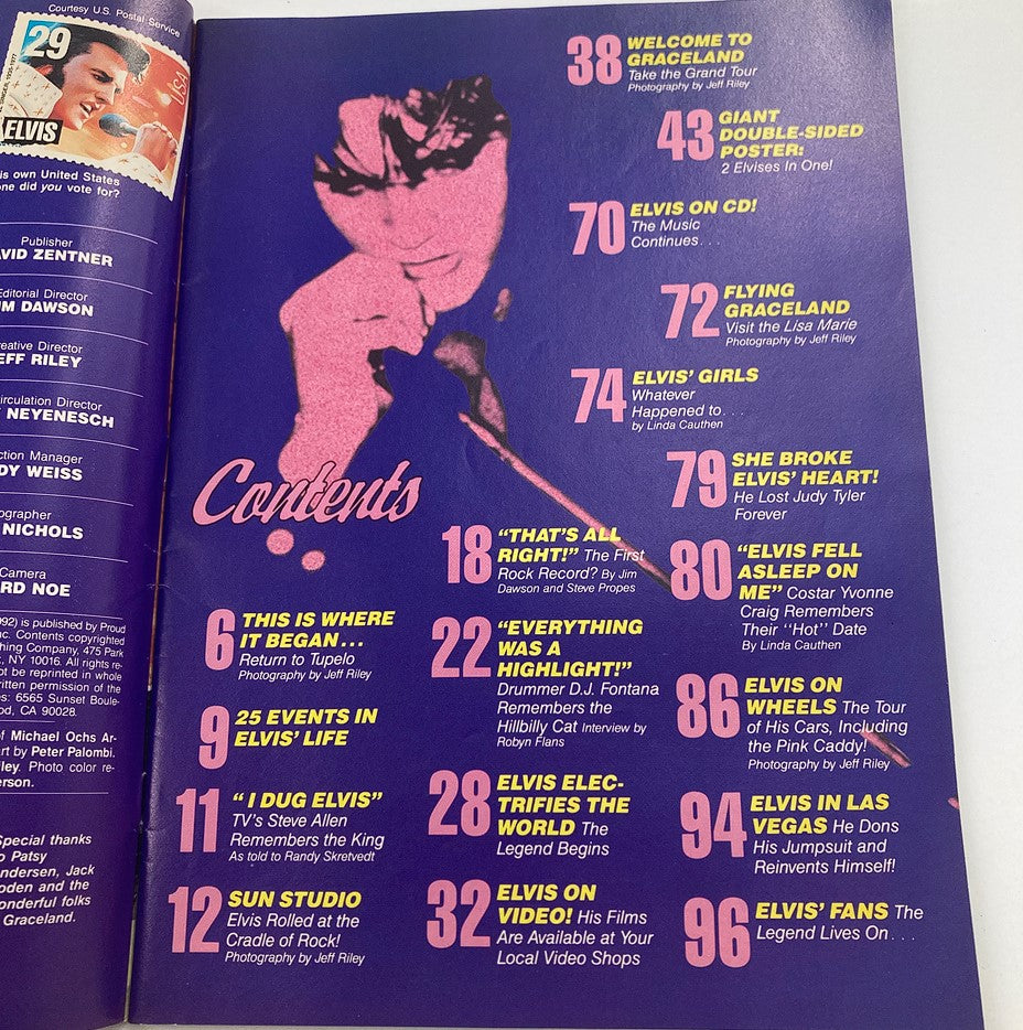 Another inside page of VTG Collector's Edition July 1992 Elvis Presley Lives On, showcasing a detailed list of contents and vibrant design.