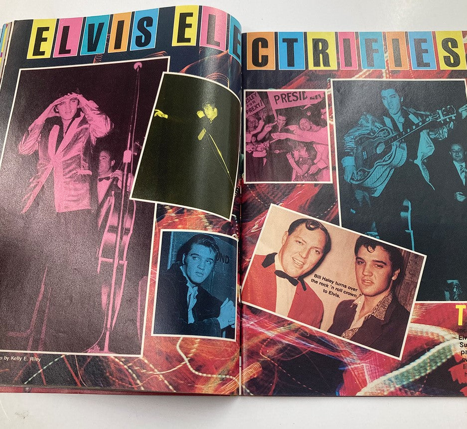 VTG Collector's Edition July 1992 Elvis Presley Lives On w Poster No Label includes a vibrant collage of Elvis Presley on stage, highlighting his electrifying performances.