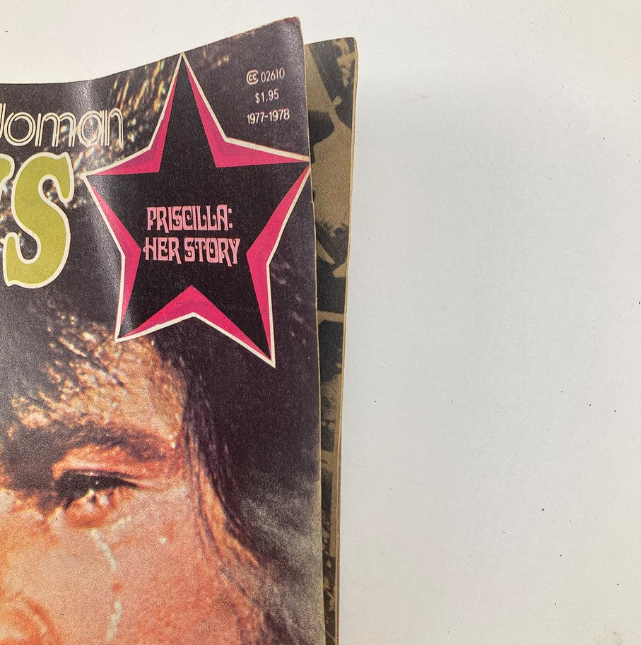 Close-up of the cover of the vintage magazine 'The Only Woman Elvis Presley Ever Loved: Priscilla - Her Story,' highlighting the star logo and the title. This magazine offers exclusive insights into Priscilla Presley's life with Elvis.