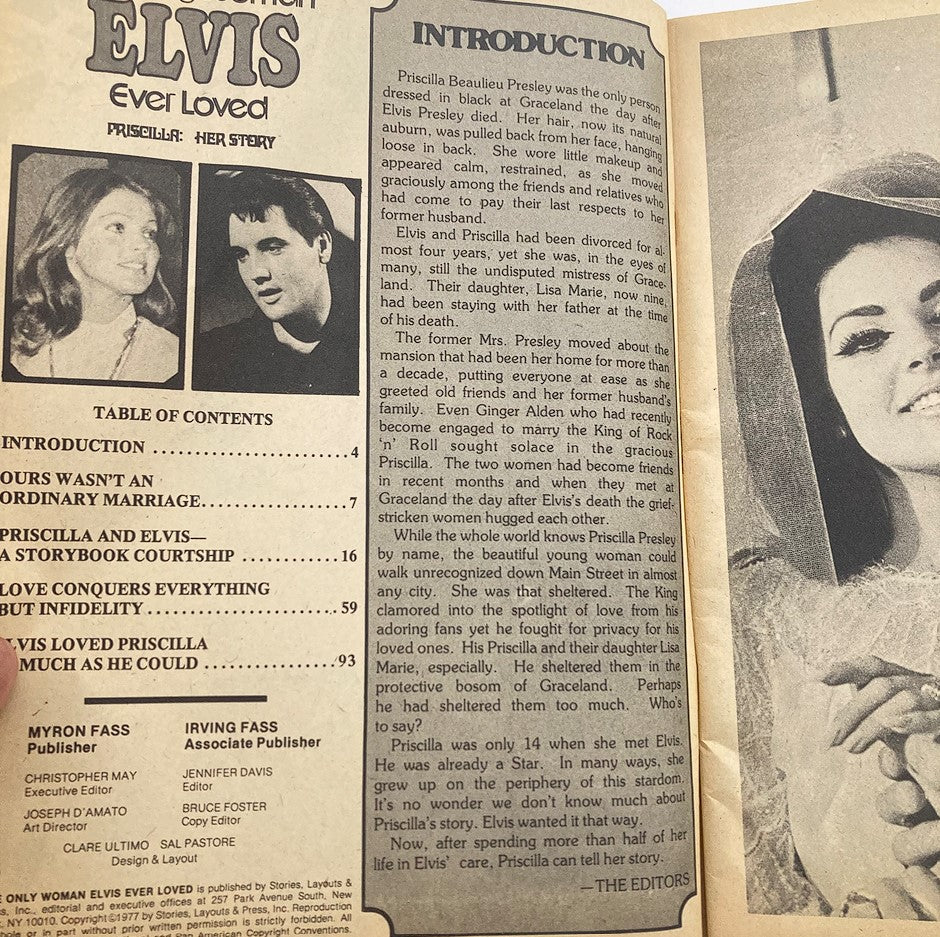 Vintage 1977 magazine titled 'The Only Woman Elvis Presley Ever Loved: Priscilla - Her Story', showcasing images of Priscilla and Elvis along with the table of contents and an introduction detailing their relationship.