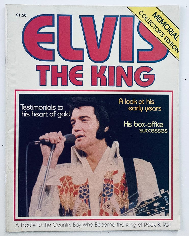 Cover of the VTG 1977 Memorial Collector's Edition Elvis Presley magazine featuring a portrait of Elvis performing, with the title 'ELVIS THE KING' prominently displayed.