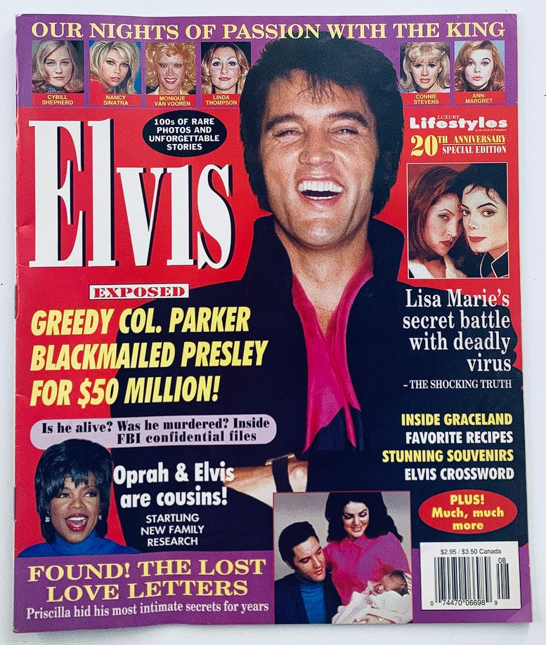 Cover of 'Luxury Lifestyles of the Rich & Fabulous August 27 1997' featuring Elvis Presley with bold headlines discussing his financial controversies, family ties, and relationships.