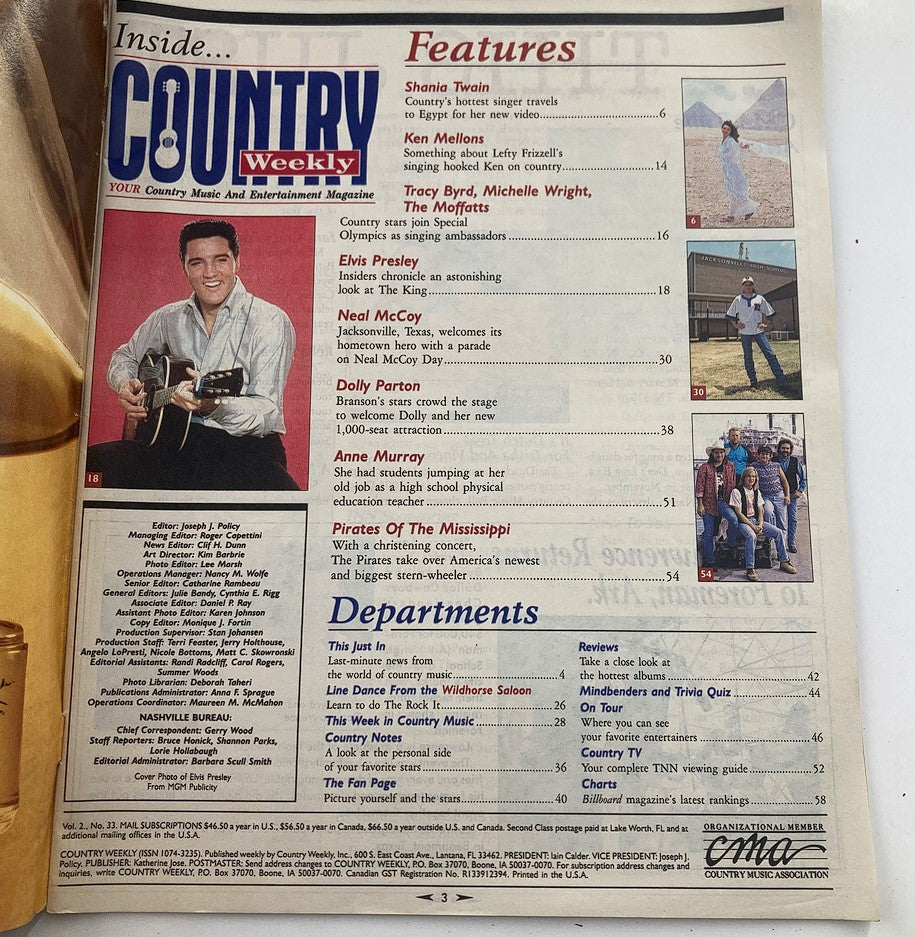 Inside page of VTG Country Weekly Magazine August 15 1995 showcasing features including articles on Elvis Presley, Shania Twain, and other country music stars.