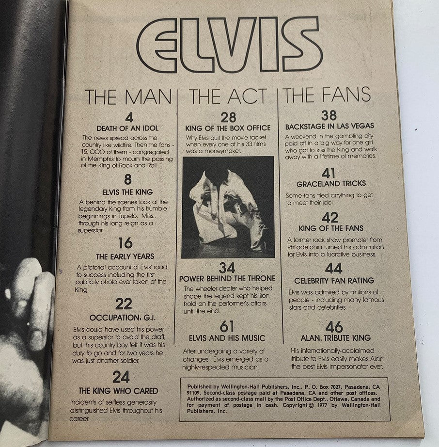 Inside page of the VTG 1977 Memorial Collector's Edition Elvis Presley magazine outlining Elvis's career highlights with sections titled 'THE MAN', 'THE ACT', and 'THE FANS'.
