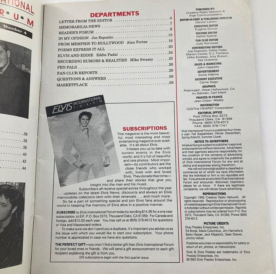 Another inside page of Elvis International Forum Winter 1993 Vol 6 #4 highlighting subscription information and magazine departments related to Elvis Presley.