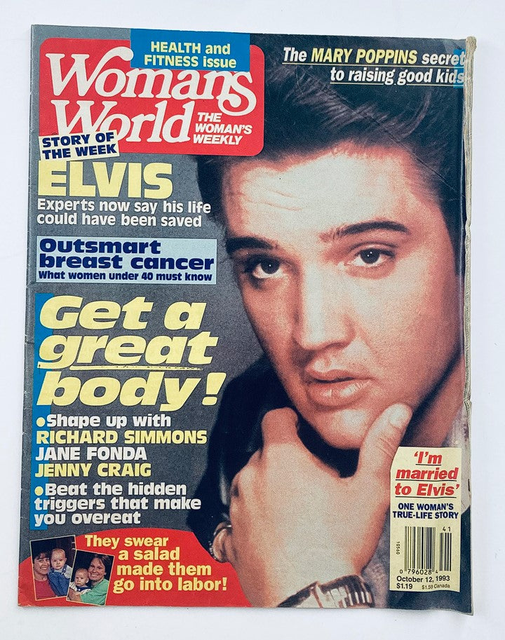 Cover of Woman's World Magazine, October 12, 1993, Vol 14 #41 featuring Elvis Presley. The issue highlights health and fitness tips, including articles on breast cancer and body confidence, with striking visuals of Elvis on the front.