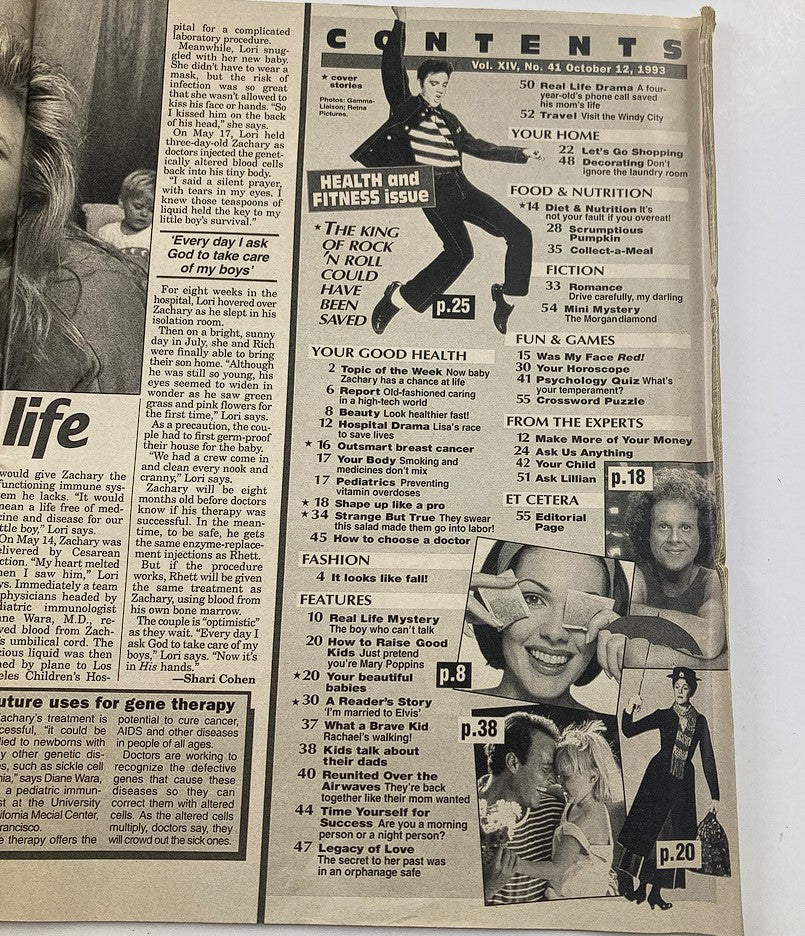 Contents page of Woman's World Magazine October 12 1993 Vol 14 #41 highlighting features including 'Real Life Drama' and 'Health & Fitness Issue,' with an iconic picture of Elvis Presley.