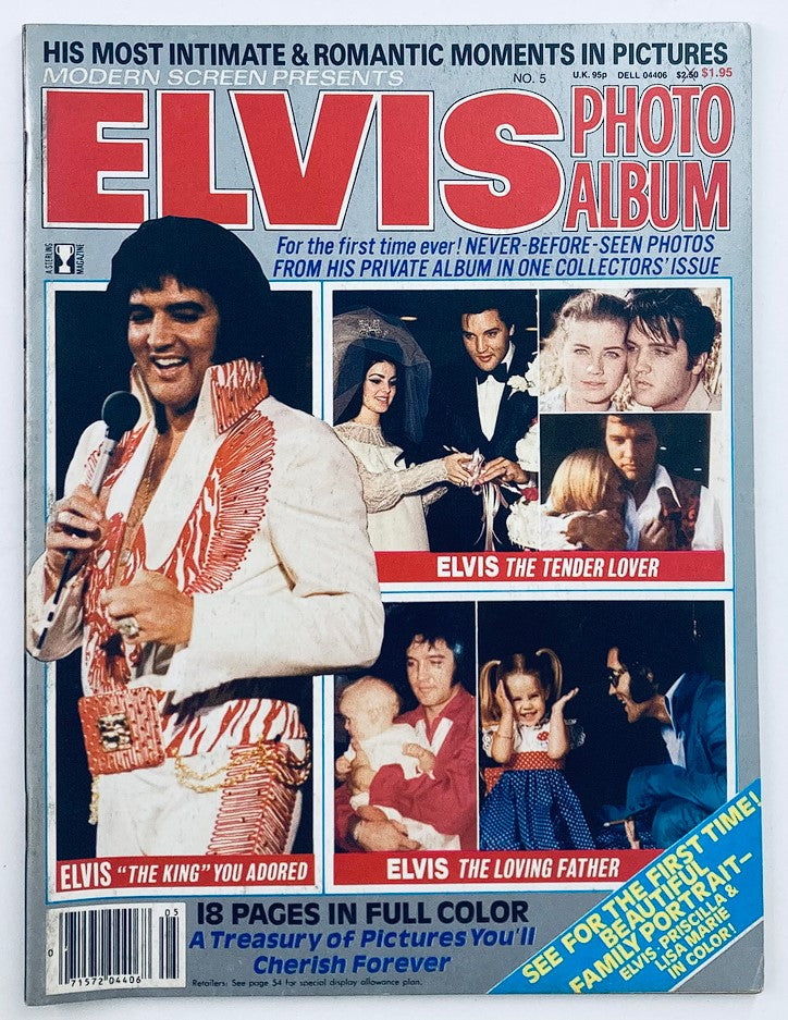 Front cover of VTG Modern Screen Magazine 1980 #5 featuring Elvis Presley, showcasing a photo album and poster, with images of Elvis in a white jumpsuit and romantic moments.