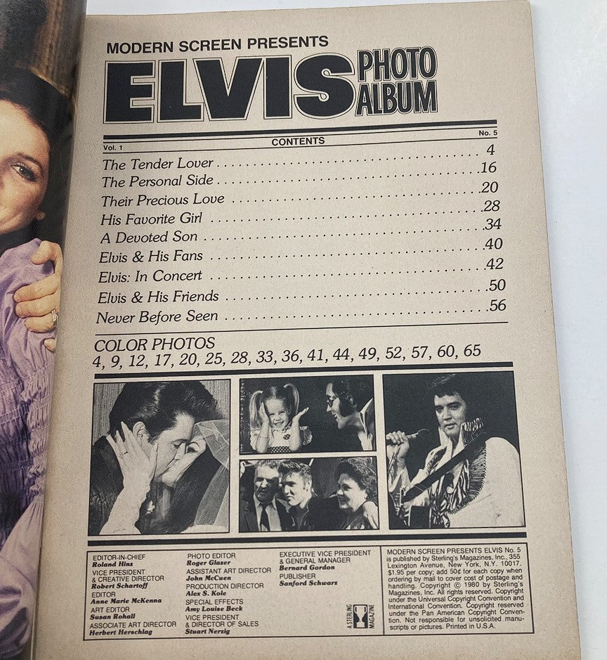 Contents page of VTG Modern Screen Magazine 1980 #5 featuring Elvis Presley. Includes sections like 'The Tender Lover', 'The Personal Side', and list of color photo pages.