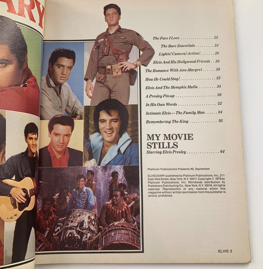 VTG Platinum Magazine 1979 #6 includes a table of contents listing articles about Elvis Presley, featuring his iconic roles and contributions to music and film.