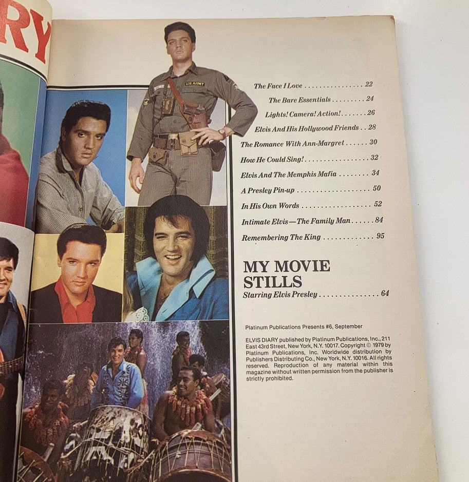Second page of VTG Platinum Magazine 1979 #6 showcasing Elvis Presley with movie stills and feature headings.