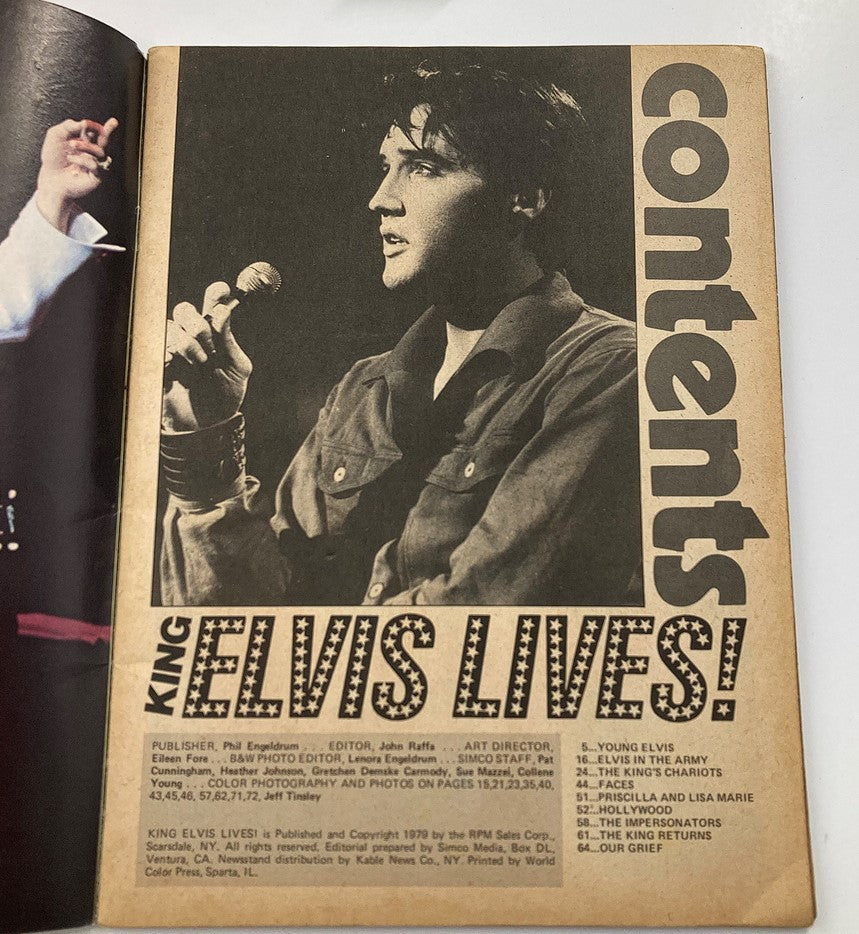 Inside contents page of the 1979 Elvis Presley Lives Memorial Edition magazine, featuring articles on Elvis and including a photo of him performing.