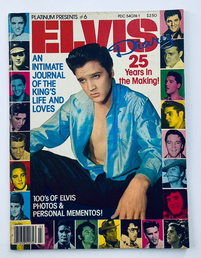 VTG Platinum Magazine 1979 The Elvis Presley Diary Journal with Poster featuring Elvis on the cover in a blue shirt, surrounded by colorful images, highlighting his life and career.