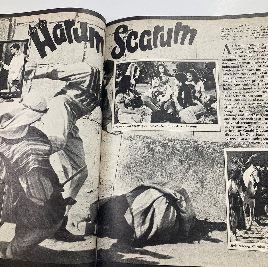 Black and white page from VTG Photoplay Presents Magazine 1982 showcasing scenes and captions from the Elvis movie 'Harum Scarum'.