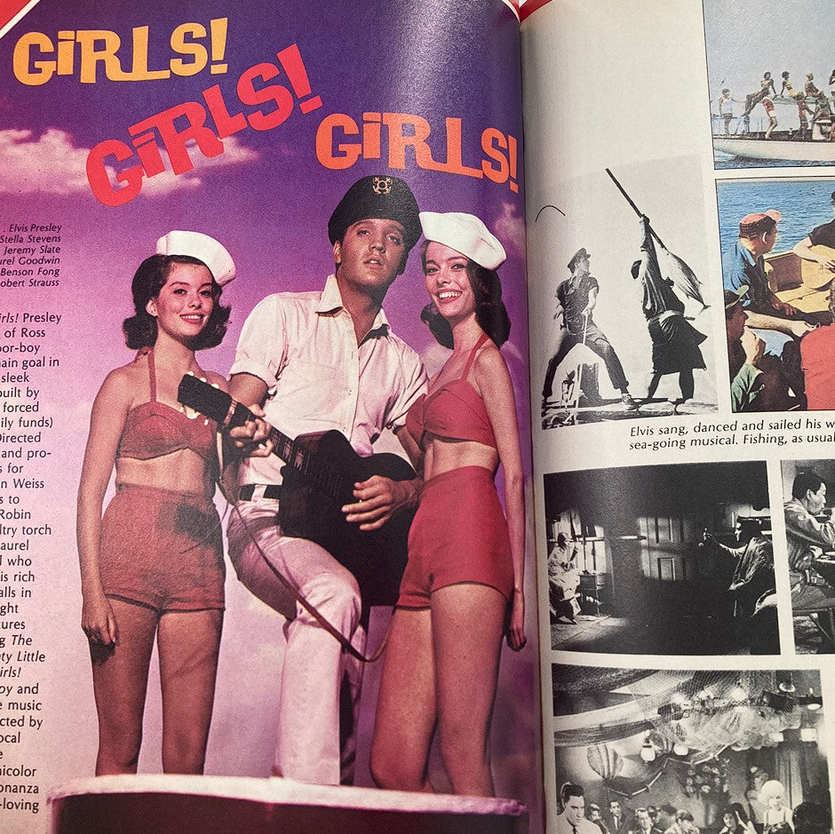 Elvis Presley in VTG Photoplay Presents Magazine 1982 Elvis Presley Memorial w Poster, featuring Elvis with two women in nautical outfits, showcasing the iconic rock and roll star's charm from the 1960s.