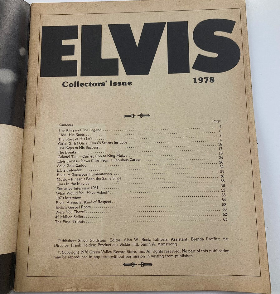 Inside page of the VTG 1978 Collector’s Edition Elvis Presley magazine displaying the contents section with notable titles about Elvis's life and career.