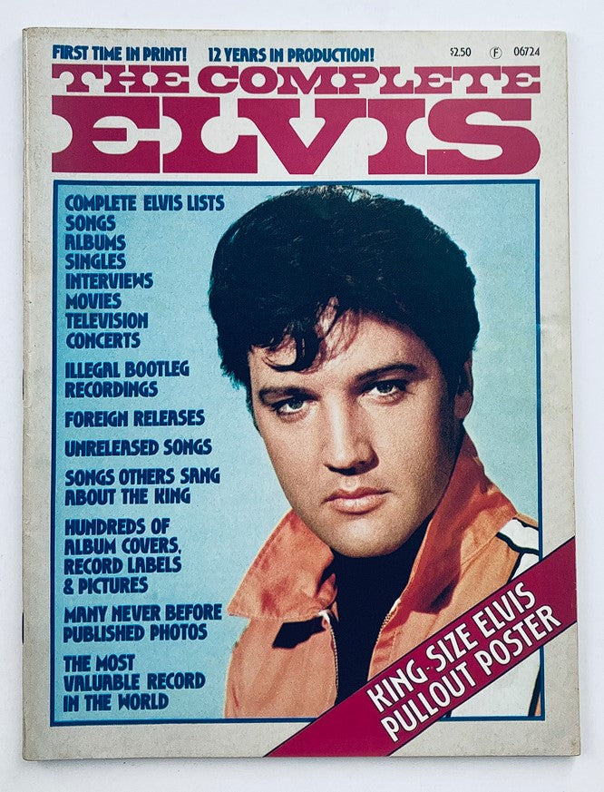 1977 Complete Elvis Presley Lists of Songs cover featuring Elvis in a vintage style with bold graphics and pullout poster announcement.