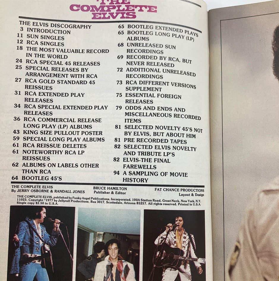 1977 Complete Elvis Presley Lists of Songs interior page showcasing song titles, albums, and a detailed list of Elvis Presley’s music catalog.
