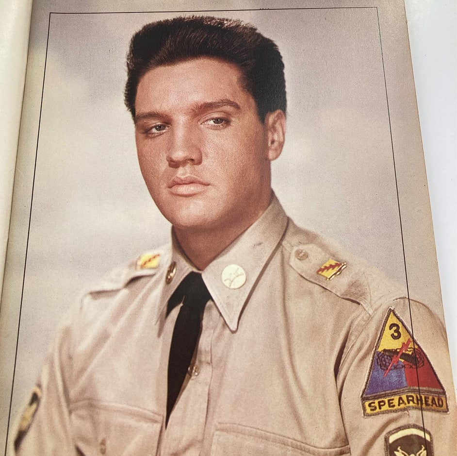 1977 Complete Elvis Presley Lists of Songs featuring a vintage photograph of Elvis Presley in uniform, capturing his iconic look from the era.