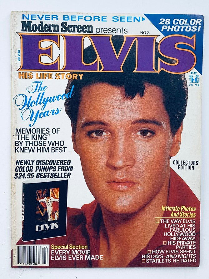 VTG Modern Screen Presents 1979 No. 3 Elvis Presley Hollywood Years magazine cover featuring Elvis Presley, showcasing his life story with highlights from the Hollywood years, including 28 color photos and a collector's edition note.