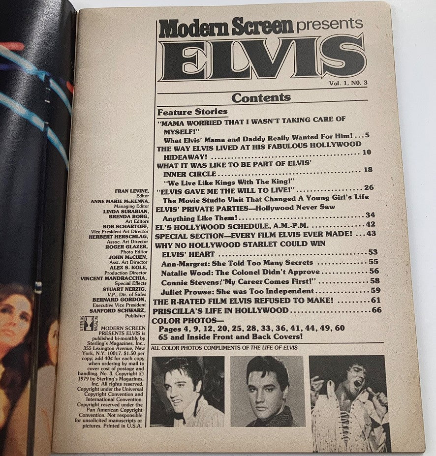 Contents page of VTG Modern Screen Presents 1979 No. 3 Elvis Presley Hollywood Years magazine featuring articles and information about Elvis Presley.