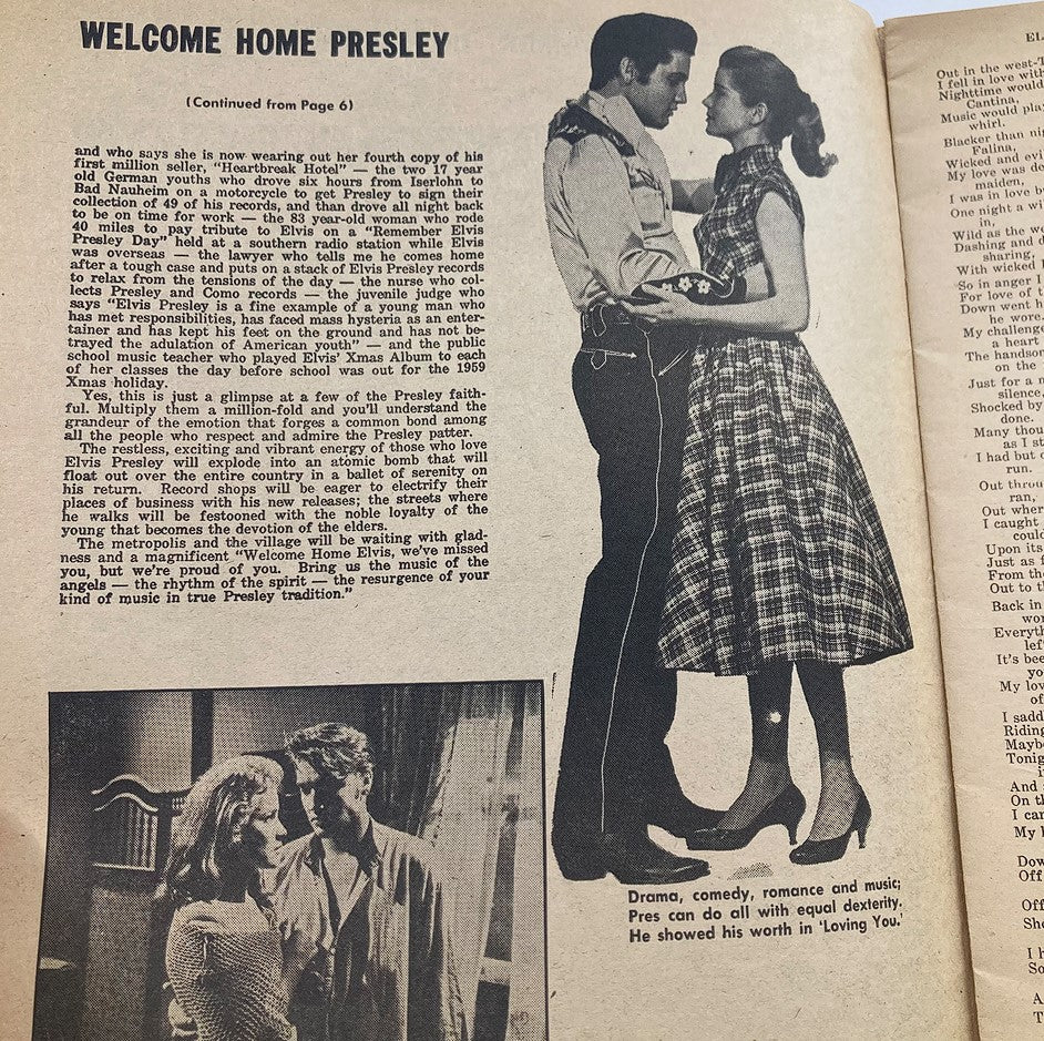Article titled 'Welcome Home Presley' from VTG Country Song Roundup Magazine May 1960 Vol 12 #66, featuring Elvis Presley in a romantic scene.