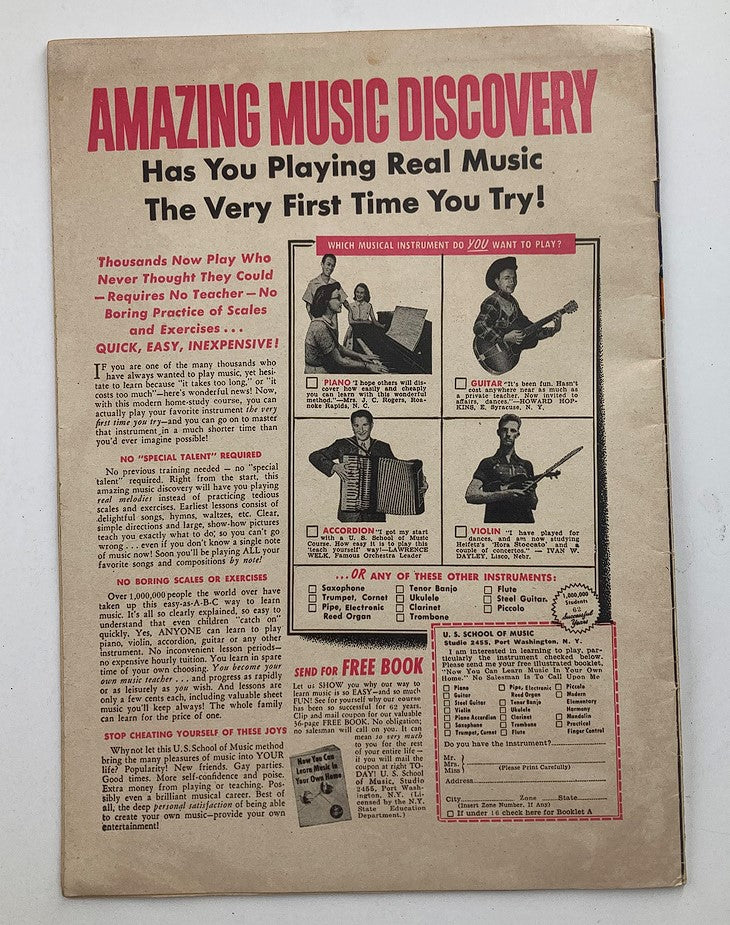 Vintage advertisement from the VTG Country Song Roundup Magazine May 1960 Vol 12 #66 featuring tips for learning musical instruments without prior experience. Highlights the ease of playing piano, guitar, accordion, and violin, promoting the U.S. School of Music method for beginners.