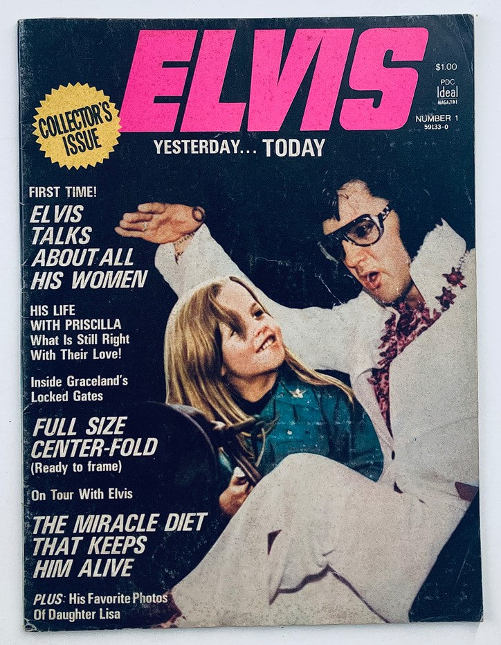 VTG 1975 Yesterday Today Elvis Presley His Untold Life Story magazine cover featuring Elvis with a child, discussing his life and family, collector's issue.