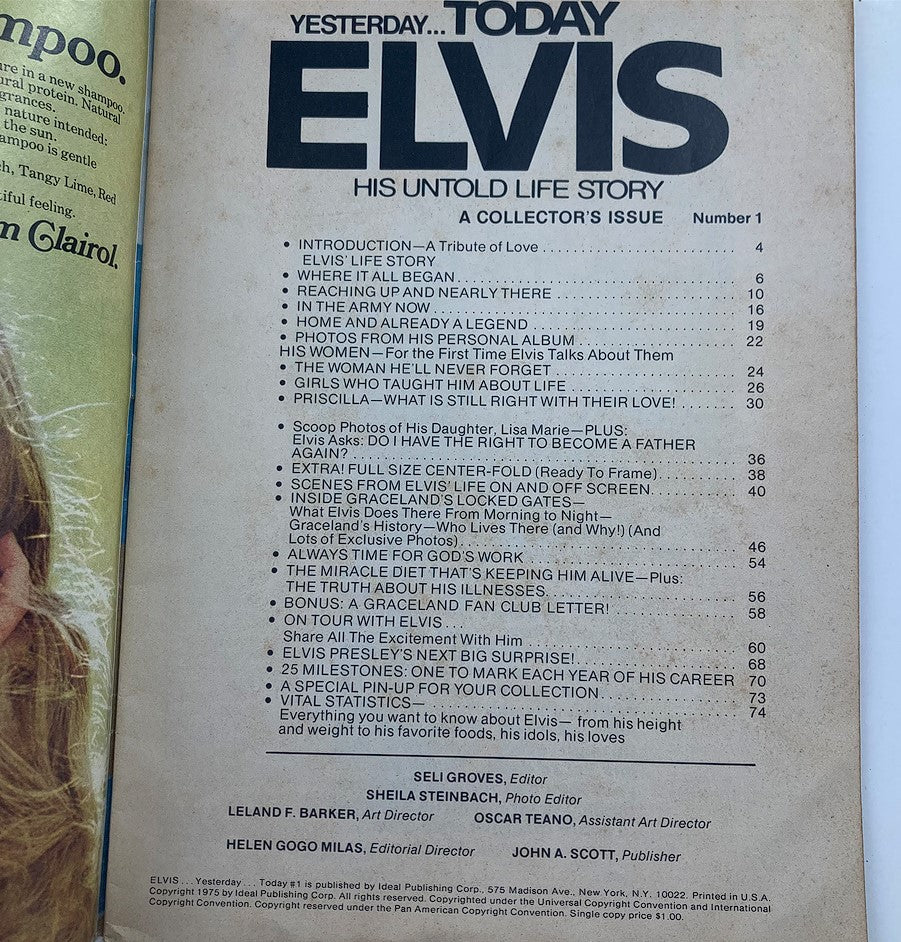 Interior page from 'Yesterday Today Elvis Presley His Untold Life Story' showcasing the table of contents and article highlights. Vintage 1975 magazine.