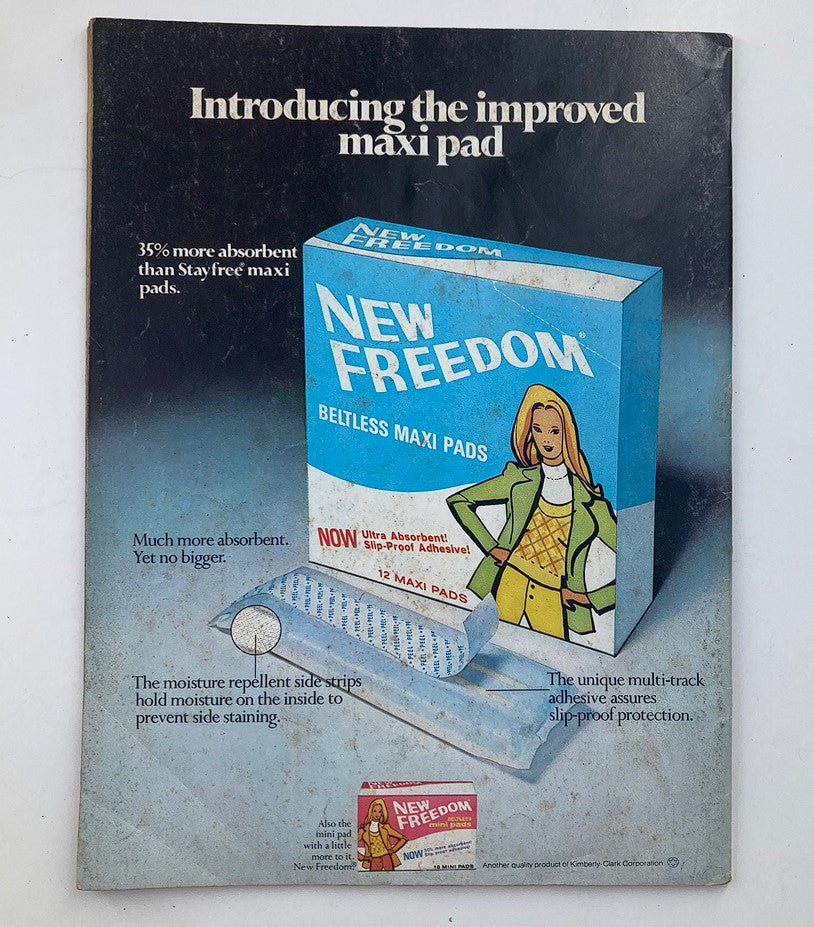 Advertisement for 'New Freedom Beltless Maxi Pads' featuring a woman and product details. Background of the 1975 magazine 'Yesterday Today Elvis Presley His Untold Life Story'.