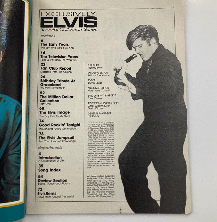 Inside page of the VTG 1987 No. 1 Exclusively Elvis Presley Special Collectors Series magazine listing features such as articles about Graceland, The Million Dollar Collection, and Elvis's famous jumpsuit.