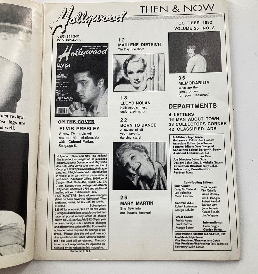 Table of contents page from Hollywood Magazine Then & Now, October 1992, Vol 25 #8, listing featured articles including Elvis Presley, Marlene Dietrich, and other notable Hollywood topics.