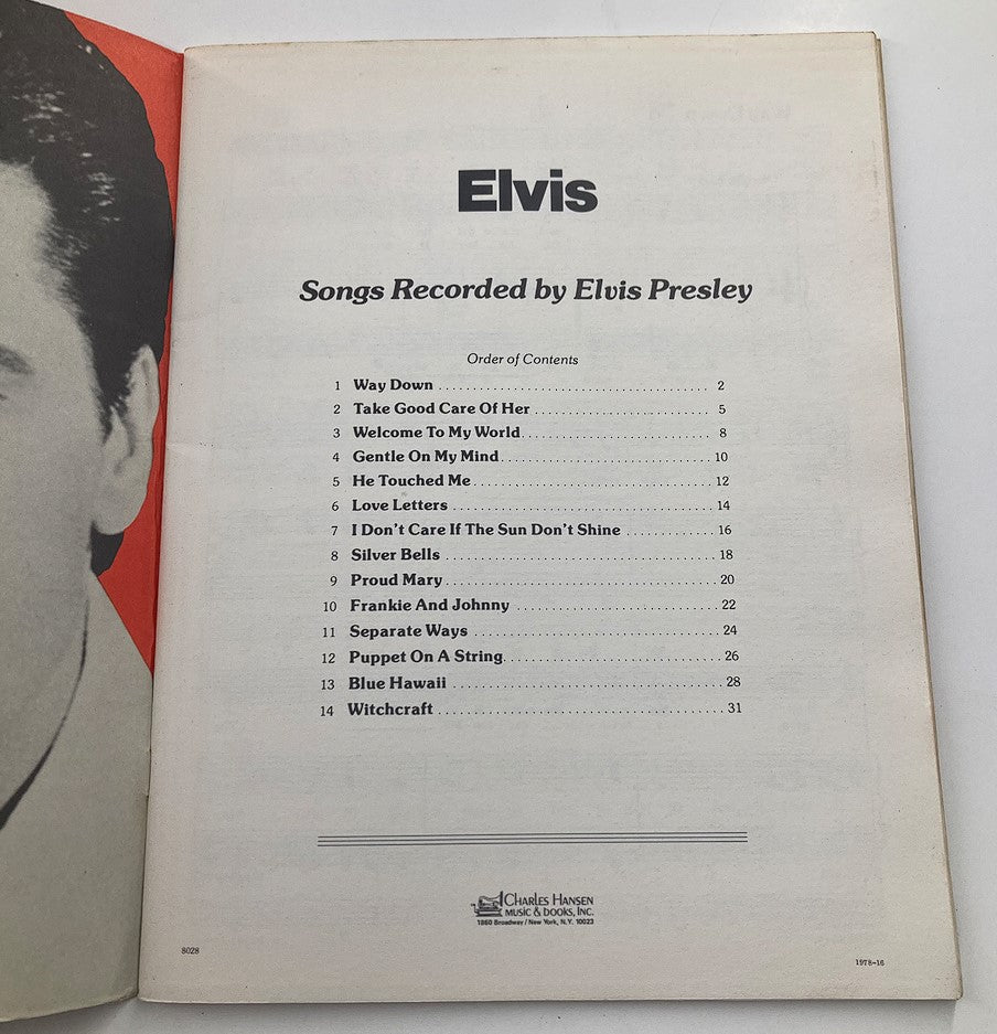 Interior page of the Vintage 1971 Elvis Presley Music Book listing songs recorded by Elvis Presley, including titles and order of contents.