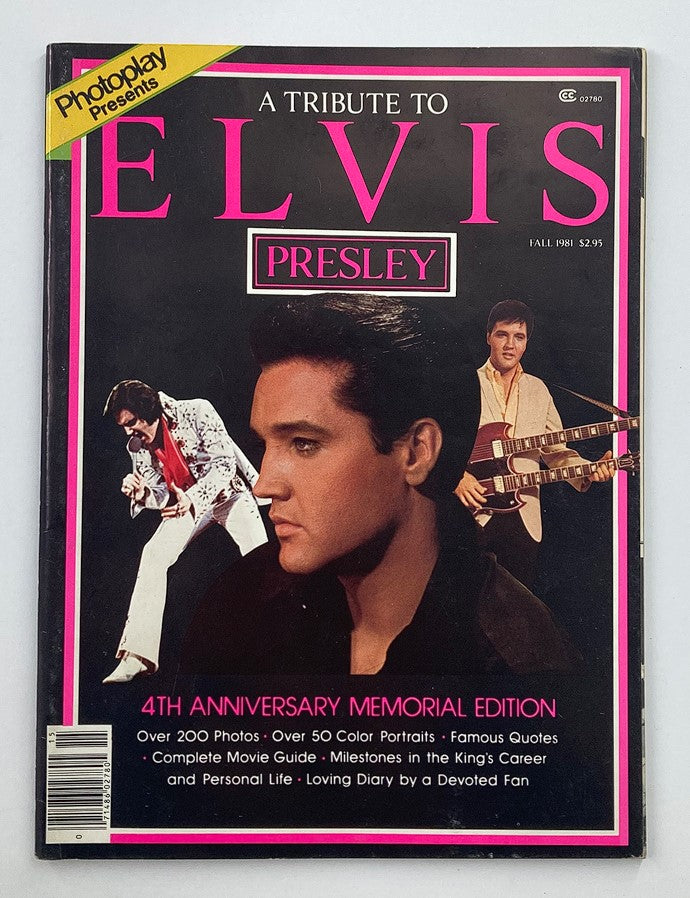 VTG Photoplay Magazine Fall 1981 A Tribute To Elvis Presley cover showcasing iconic images of Elvis, featuring vibrant colors and prominent title design. This collectible magazine includes a large poster and celebrates the legacy of Elvis Presley.