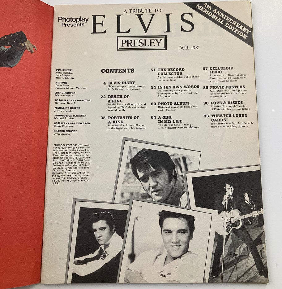 Cover page of VTG Photoplay Magazine Fall 1981, featuring a tribute to Elvis Presley, with contents listed and iconic images of Elvis.
