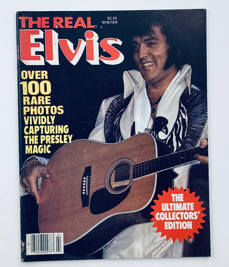 Vintage 1980 magazine cover titled 'The Real Elvis' featuring Elvis Presley with guitar, showcasing over 100 rare photos and labeled as the ultimate collectors edition.