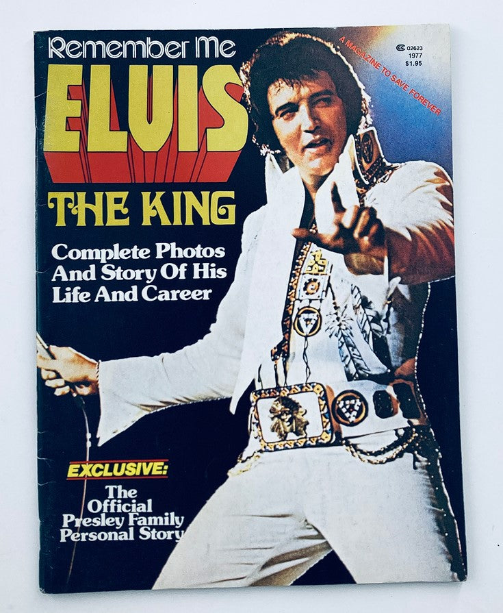 Cover of VTG 1977 Remember Me - Elvis Presley The King magazine featuring Elvis in white jumpsuit, showcasing his charisma and style.