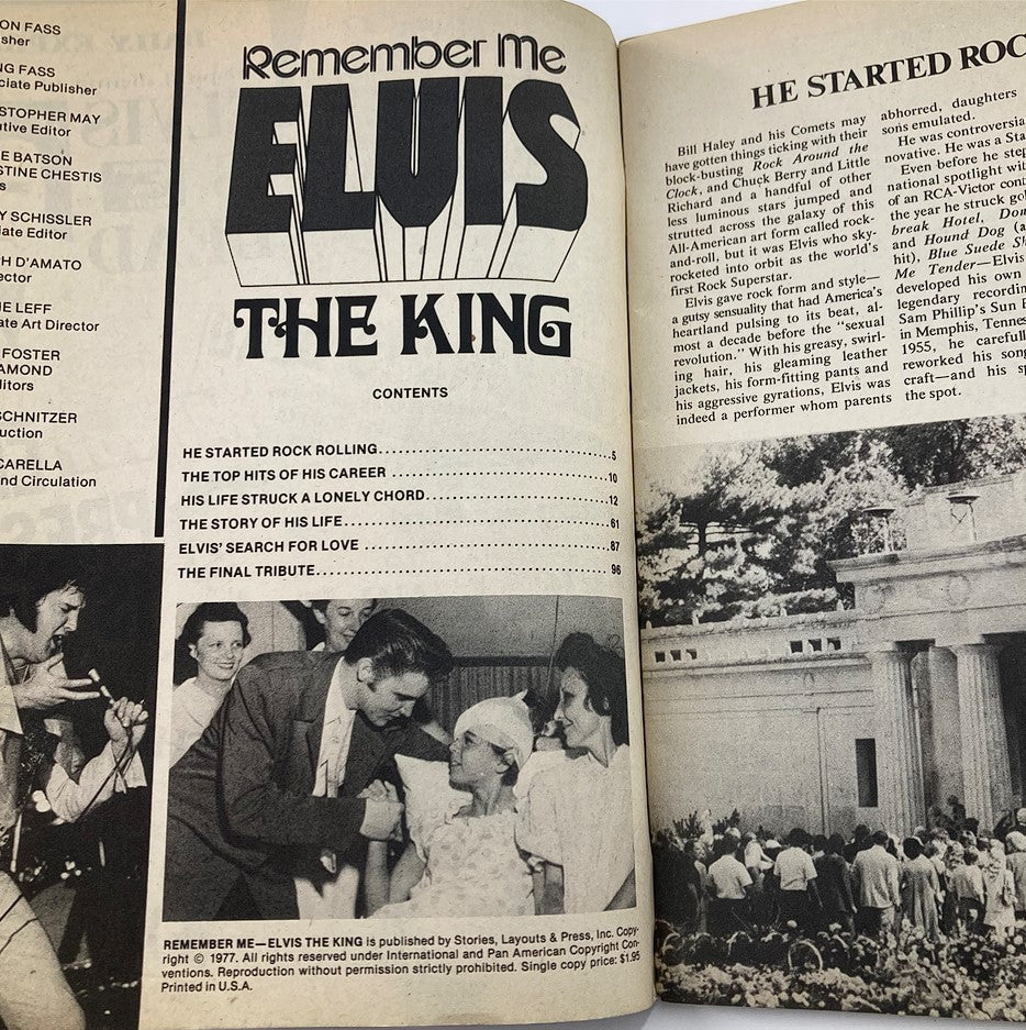 Inside page of VTG 1977 Remember Me - Elvis Presley The King magazine displaying contents, including 'He Started Rock Rolling' and tribute to Elvis.