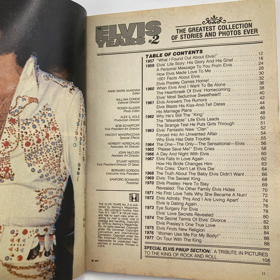 Inside page of VTG Sterling Magazine 1979 No. 2 The Elvis Presley Years displaying the table of contents with titles of articles and a special Elvis pin-up section.