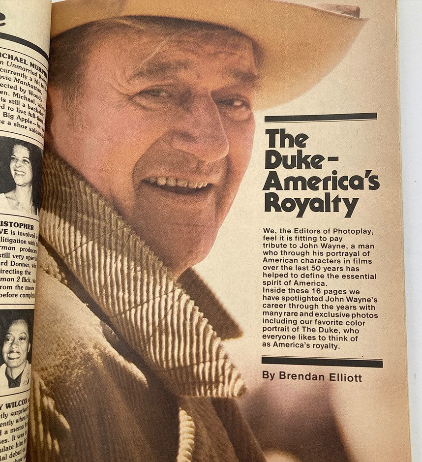 Article page in VTG Photoplay Magazine July 1979 Vol 93 #5 showcasing a tribute to John Wayne, highlighting his impact on American cinema and featuring a close-up photo.