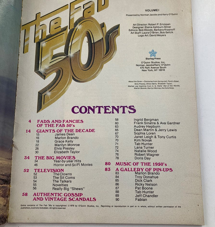 Inside contents page of The Fab 50's Magazine 1979 Vol. 1 showcasing article titles and features including fads, scandals, and music of the 50s, reflecting the pop culture of the era.
