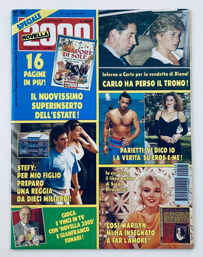 Cover of VTG Novella 2000 Magazine 1992 #25 featuring Prince Charles and Princess Diana, with headlines in Italian, showcasing various articles and images related to summer events and celebrity news.