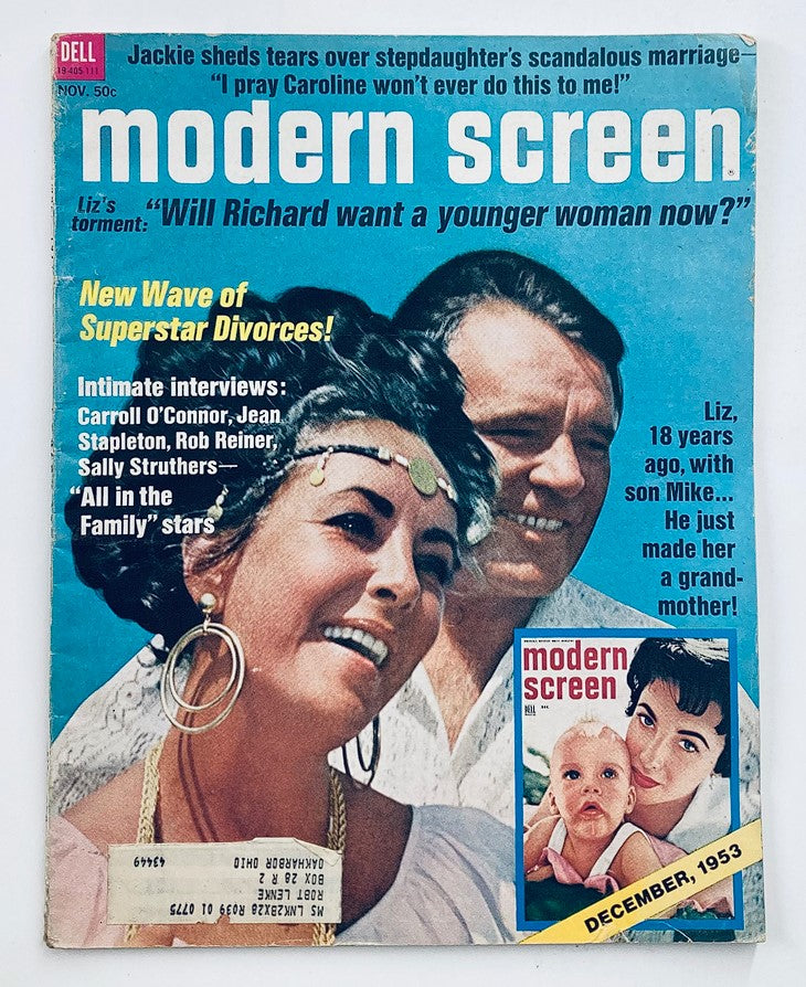 Cover of Modern Screen Magazine November 1971 featuring Liz Taylor and Richard Burton, showcasing a vintage Hollywood theme with headlines about celebrity divorces and intimate interviews.